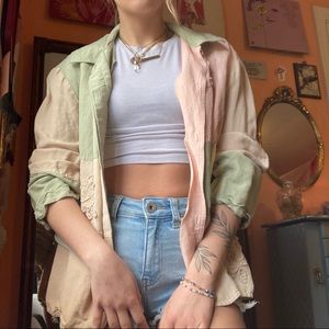 collared, floral detail, white pink and green outer layer